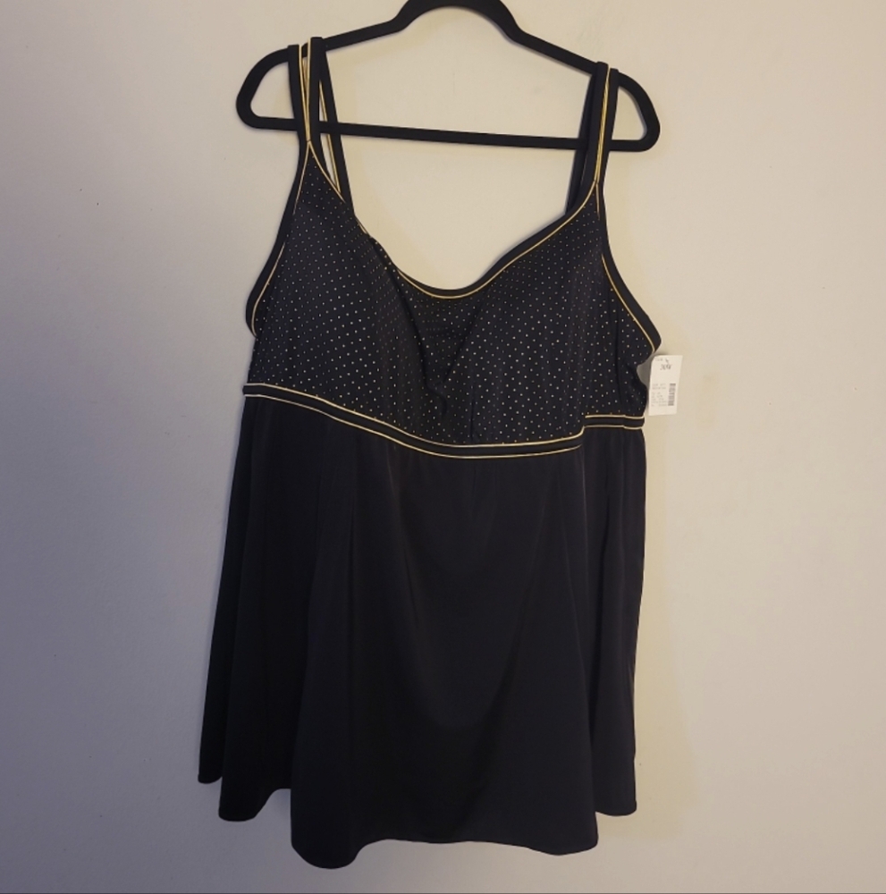 New Catherines Black With Gold Polka-dots Lined Swim Dress Sz 30W